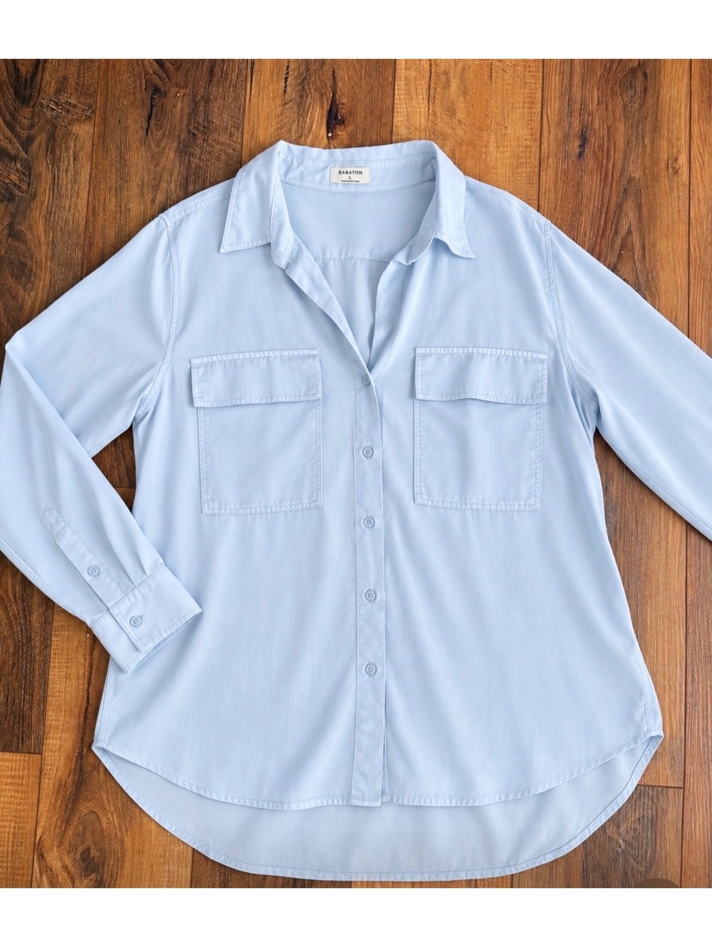 Aritzia Babaton Blue Utility Button Down Shirt Women L Oversized Tunic Blouse